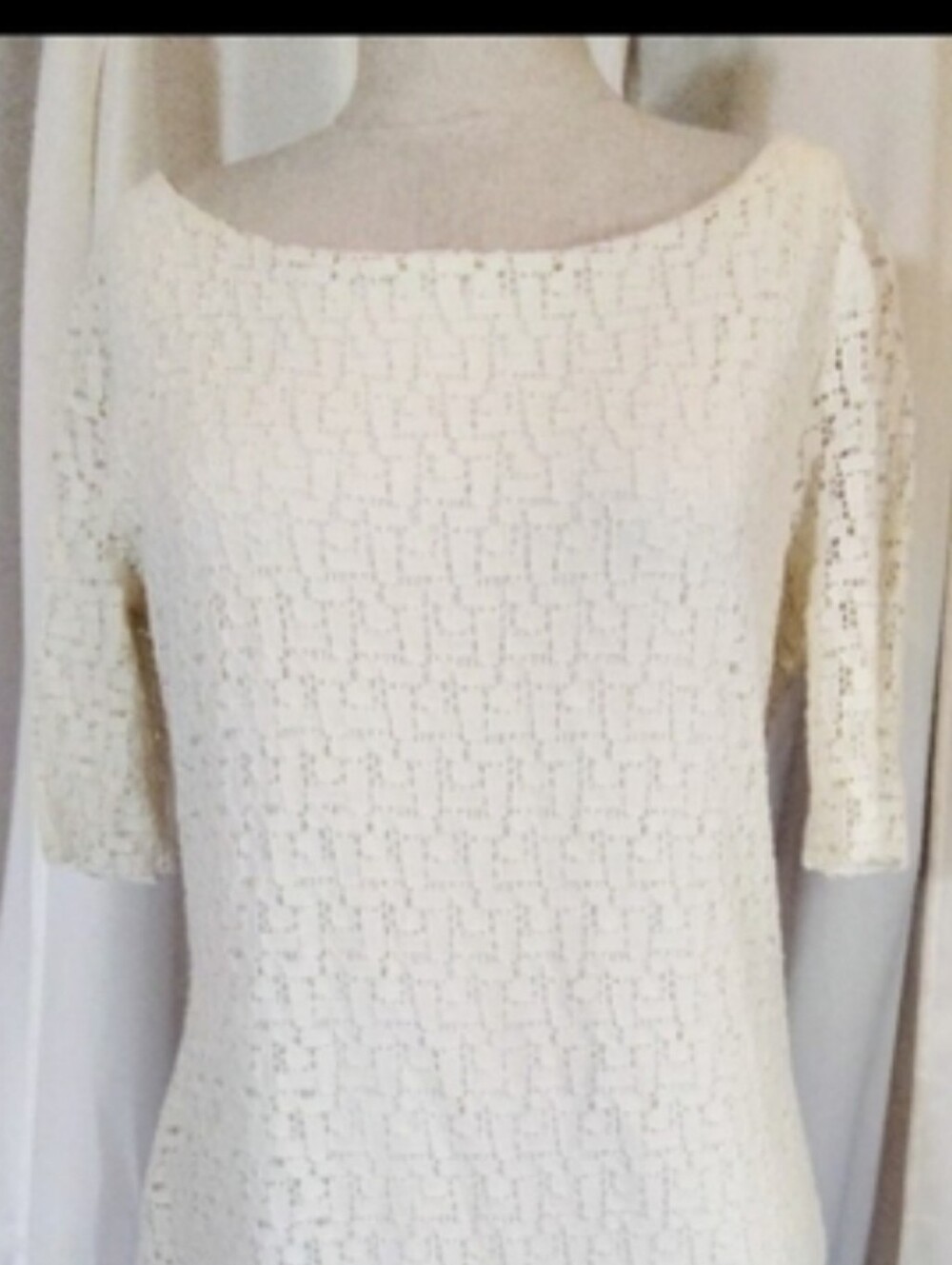 Banana Republic Lace Dress + Ivory, Midi Shift, 1/2 Sleeve Boat Neck, Lined,  M - Picture 4 of 8